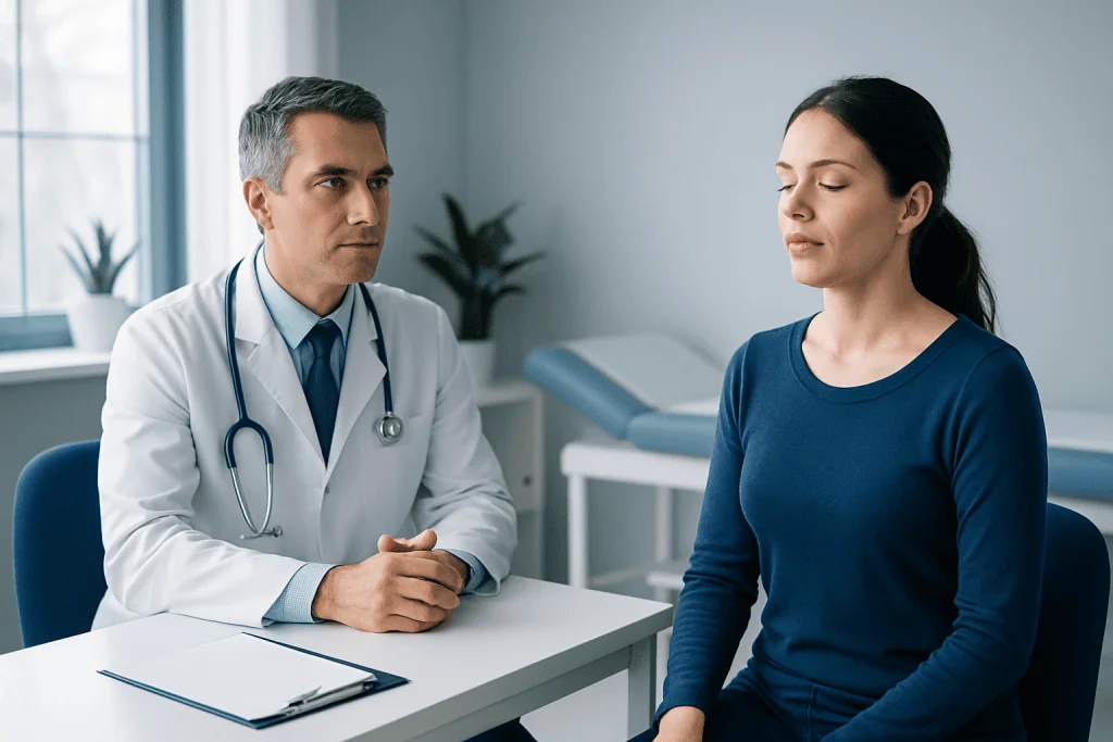 Doctor consulting a patient in a medical examination room at Acibadem Hospitals Group.