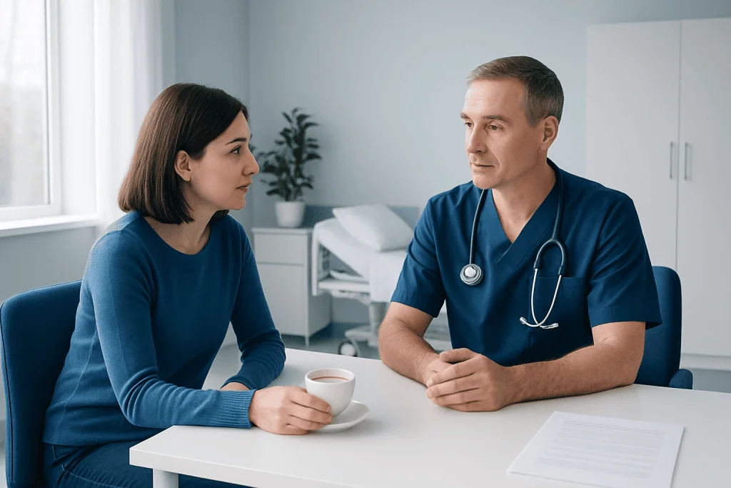 Doctor consulting with a female patient in a medical office.