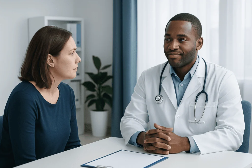 Doctor consulting with a patient in a modern medical office.