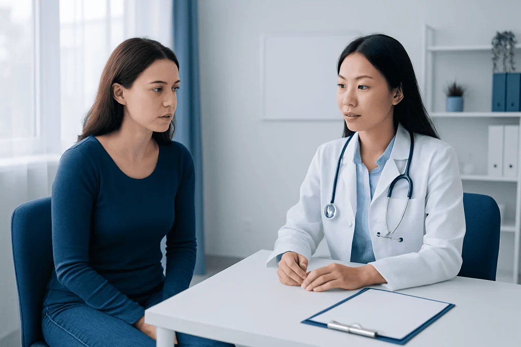 Doctor consulting with a female patient in a medical office.