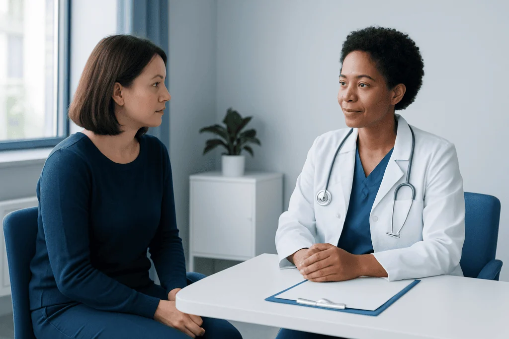 Doctor consulting with a patient in a modern medical office.