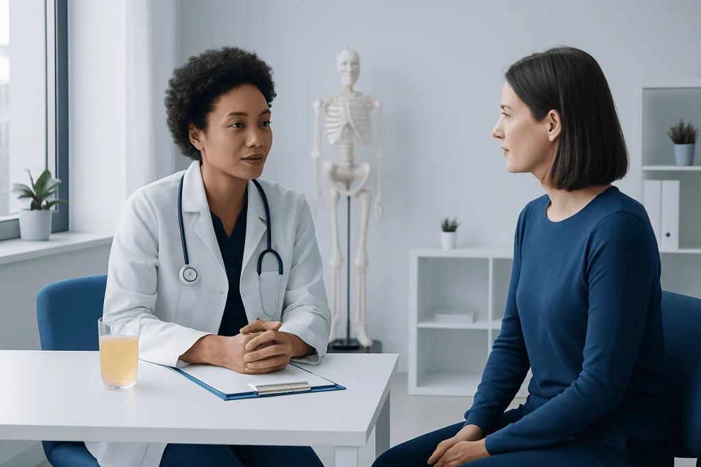Doctor consulting with a patient in a medical office with a skeleton model in the background.