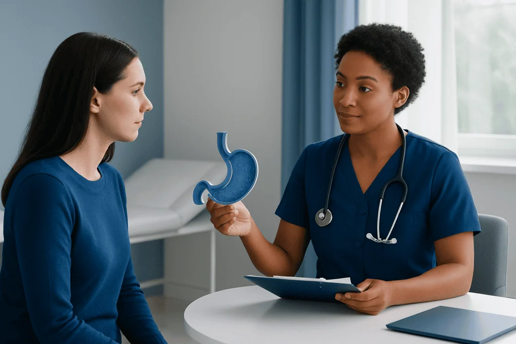 Doctor explaining stomach anatomy to patient in a medical consultation.