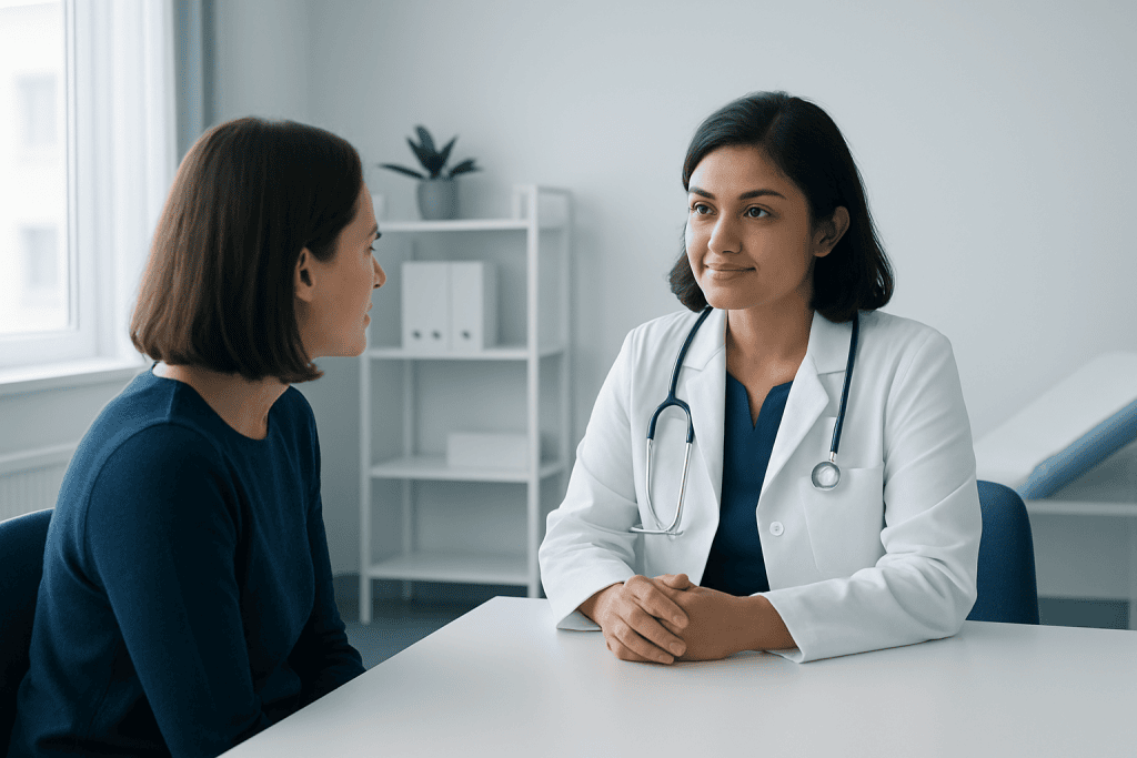 Doctor consulting with a patient in a modern medical office.