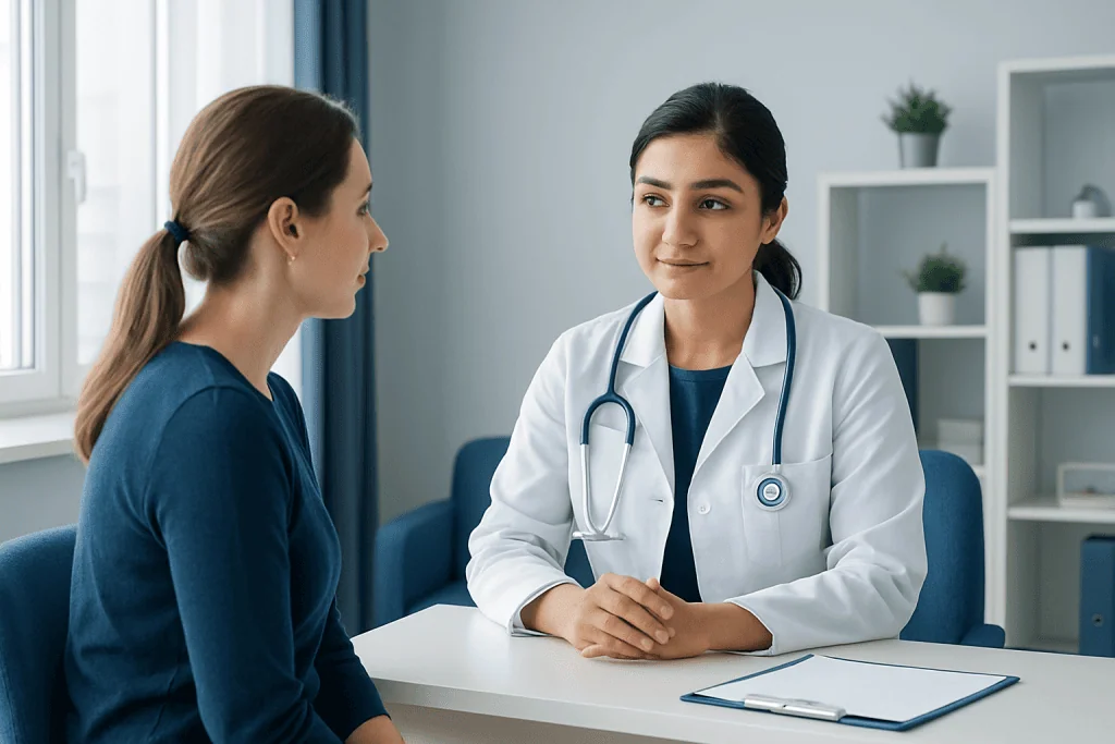 Doctor consulting with a patient in a modern medical office.