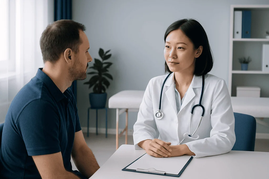 Doctor consulting with male patient in a modern clinic setting.