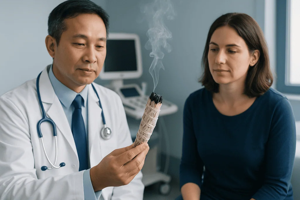 Doctor demonstrating burning sage to a patient in a clinical setting.