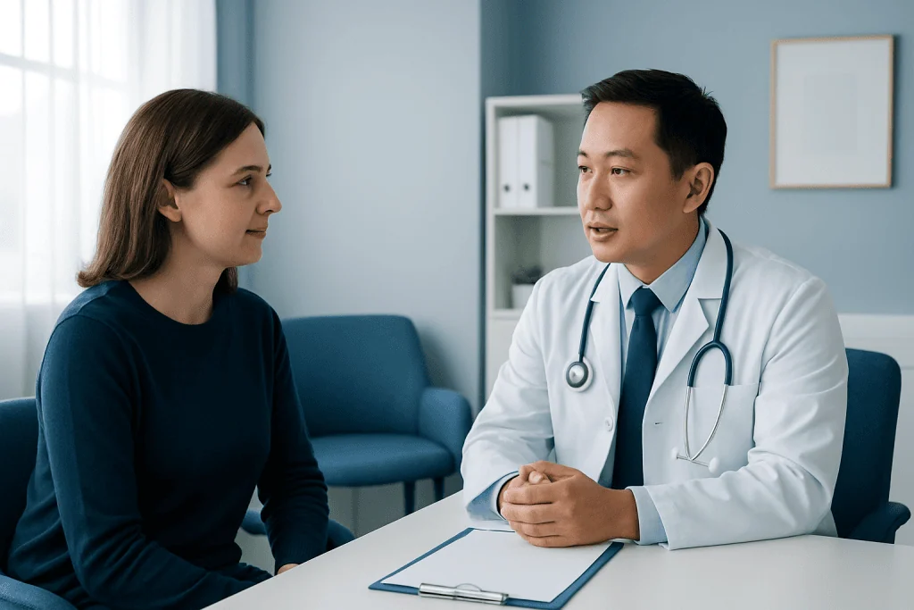 Doctor consulting with a female patient in a medical office.