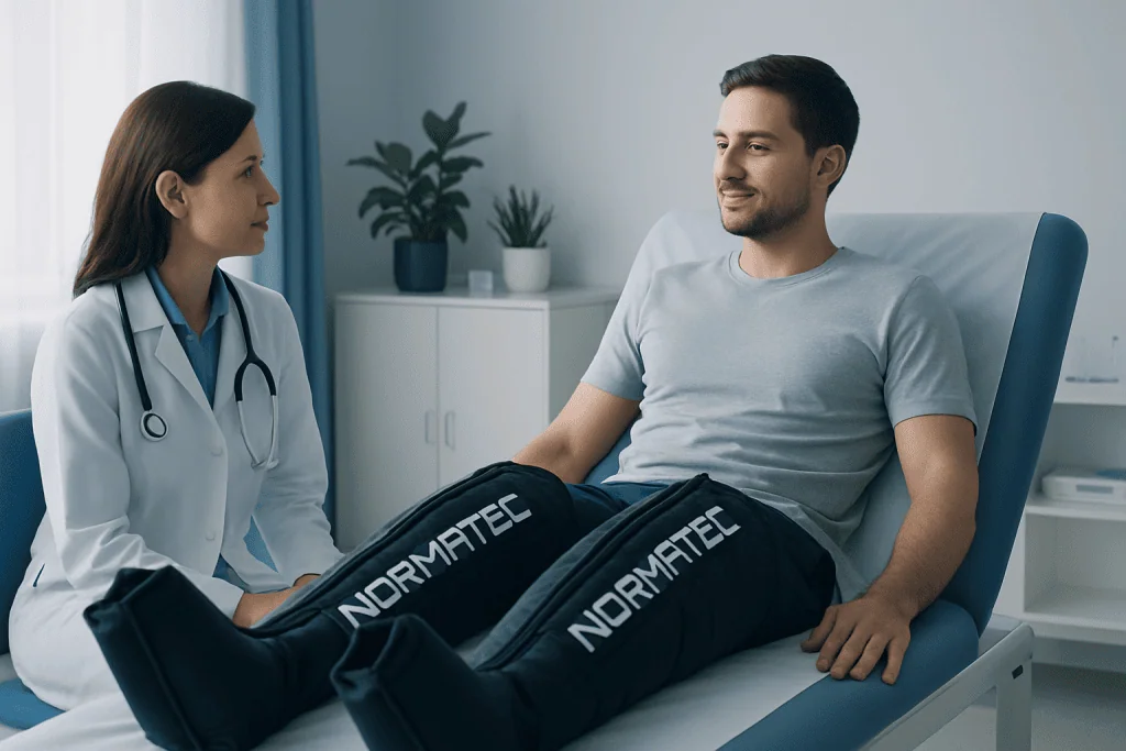Patient using Normatec boots during a medical consultation at Acibadem Hospital.