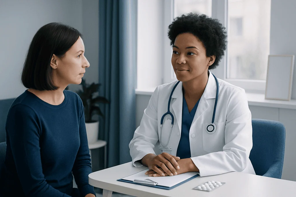 Doctor consulting with a patient in a medical office setting.