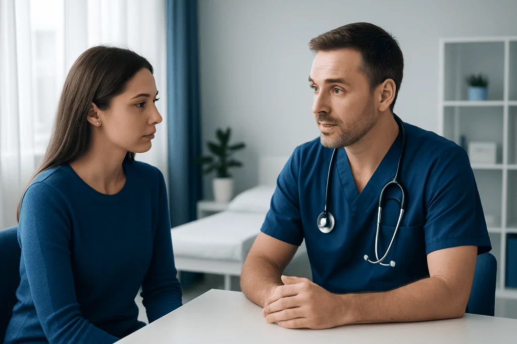 Doctor consulting with a female patient in a modern clinic setting.