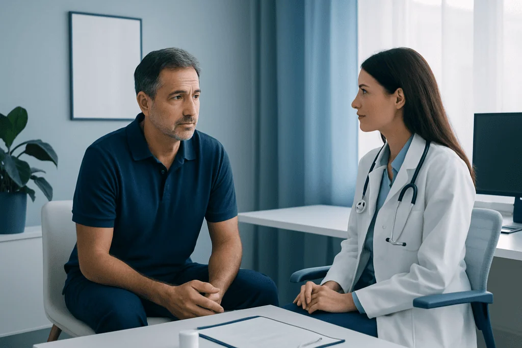 Doctor consulting male patient in a medical office setting.