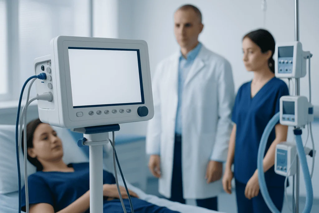 Medical professionals monitor patient in hospital ICU with ventilator equipment.
