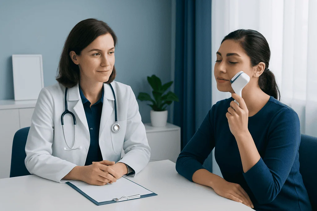 Doctor examining patient with facial device in a clinic setting.