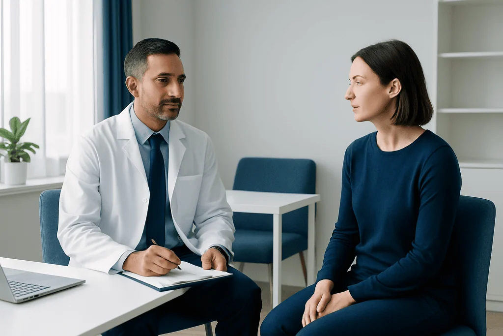 Doctor consulting with a female patient in a modern clinic setting.