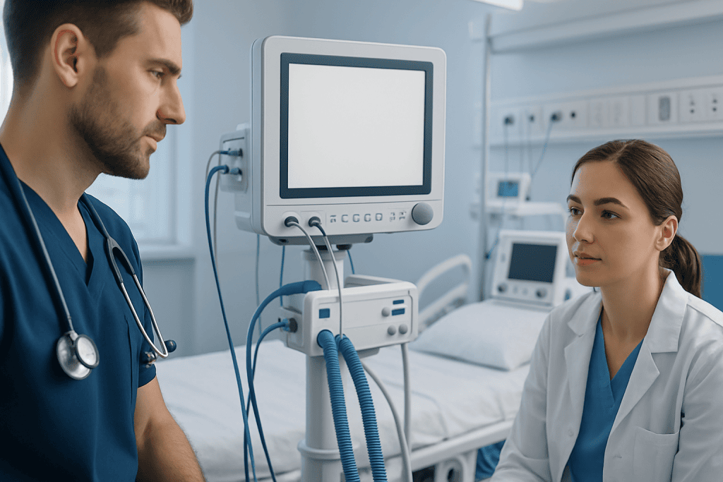Medical professionals in a hospital room with monitoring equipment.