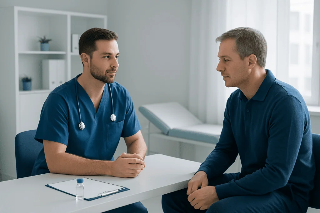 Doctor consulting with patient in a modern clinic setting.