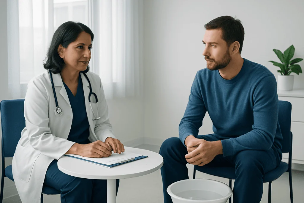 Doctor consulting a patient in a medical office setting.