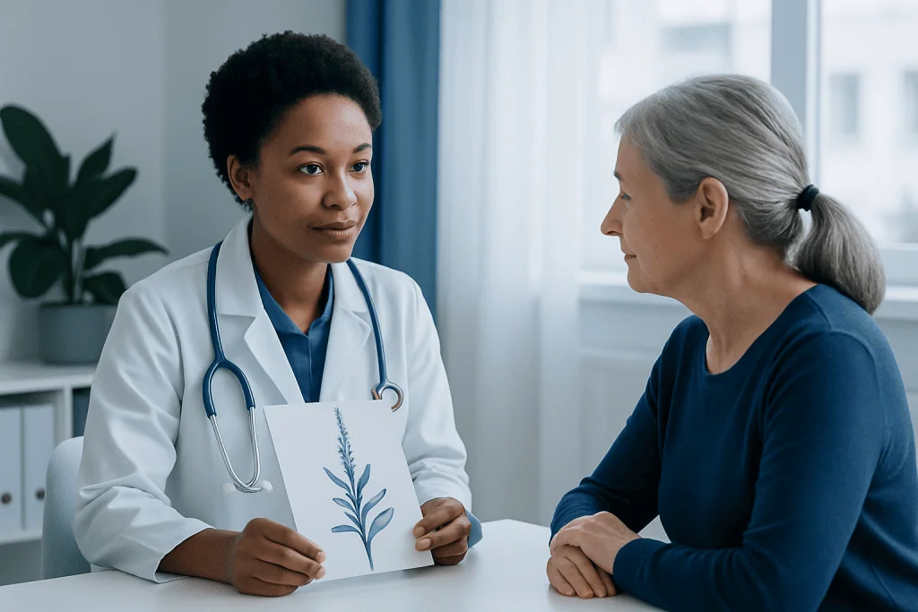 Doctor explaining herbal treatment to patient in consultation room.