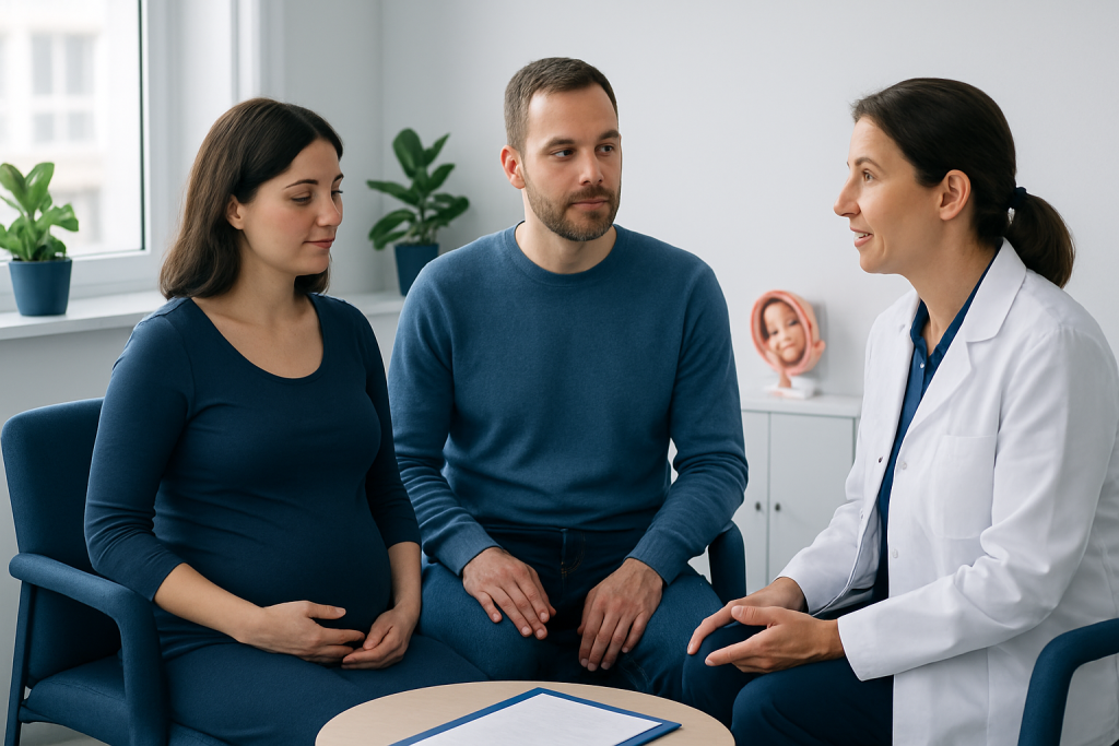 Pregnant woman consulting with doctor and partner in a medical office.