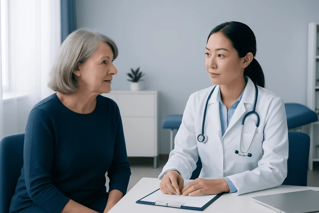Doctor consulting with an elderly female patient in a medical office.