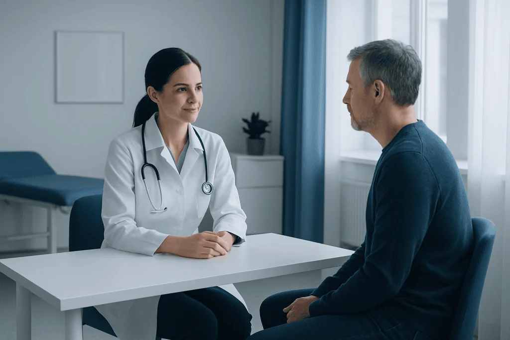 Doctor consulting with a patient in a modern hospital room.