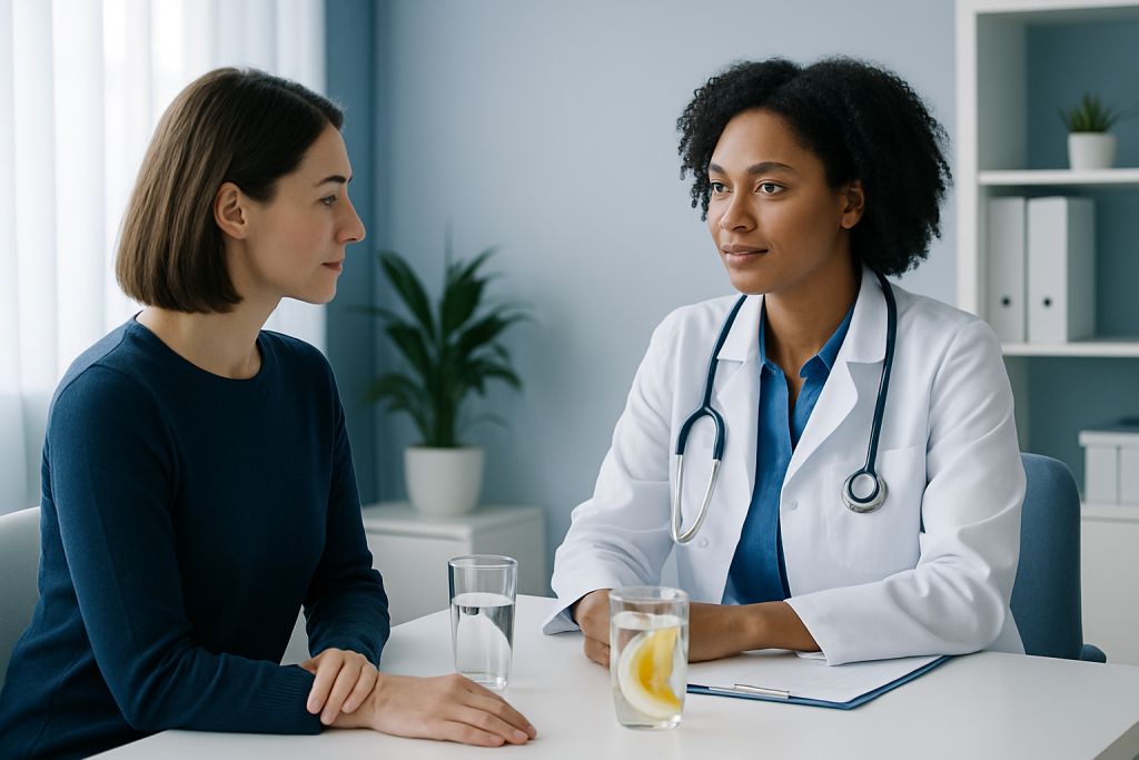 Doctor consulting with a patient in a modern medical office.