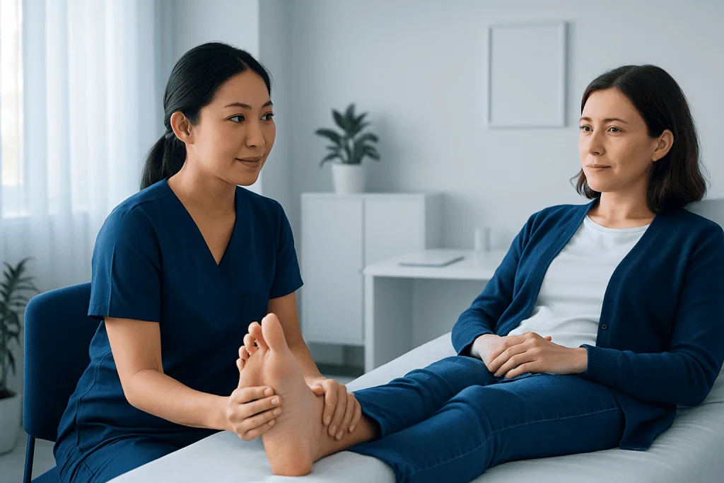 Foot reflexology session at Acibadem Hospital with a healthcare professional and patient.