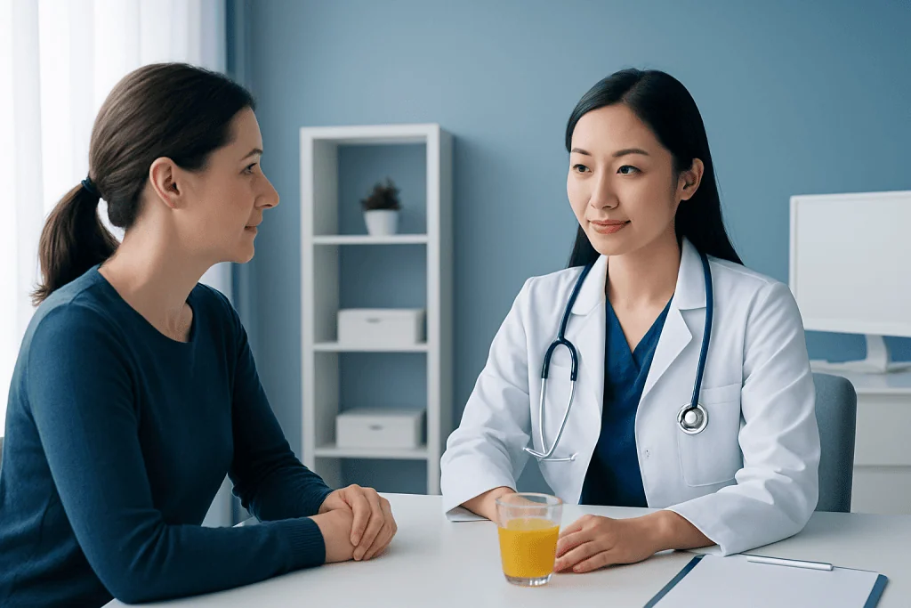Doctor consulting with patient in a medical office setting.