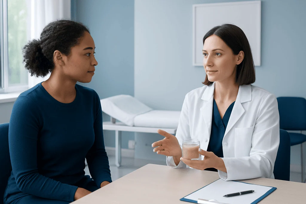 Doctor explaining skincare advice to a patient in a clinic setting.