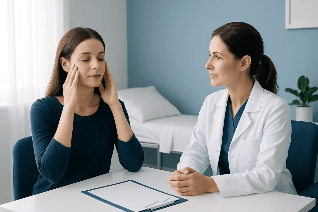 Patient consulting with doctor about facial pain or discomfort.