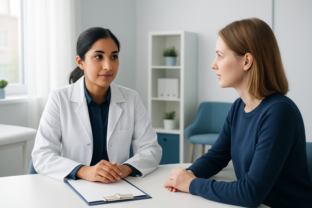 Doctor consulting with a patient in a modern medical office.