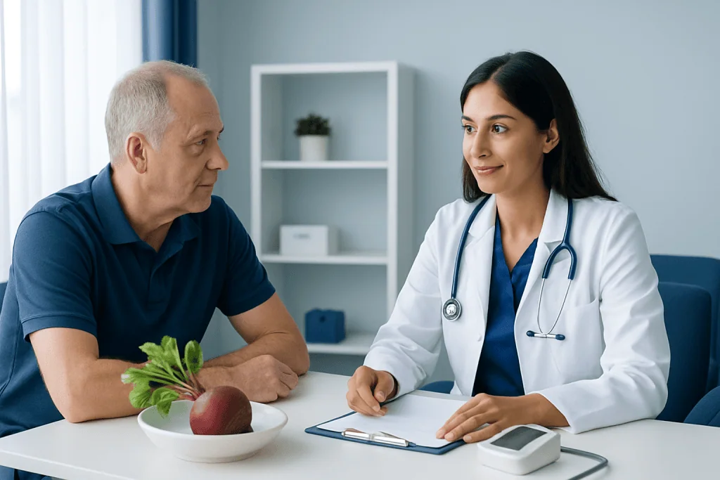 Doctor consulting with an elderly male patient in a medical office.