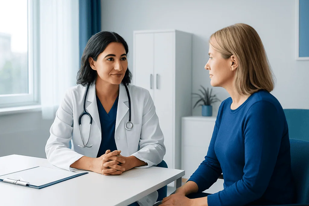 Doctor consulting with a female patient in a modern medical office.