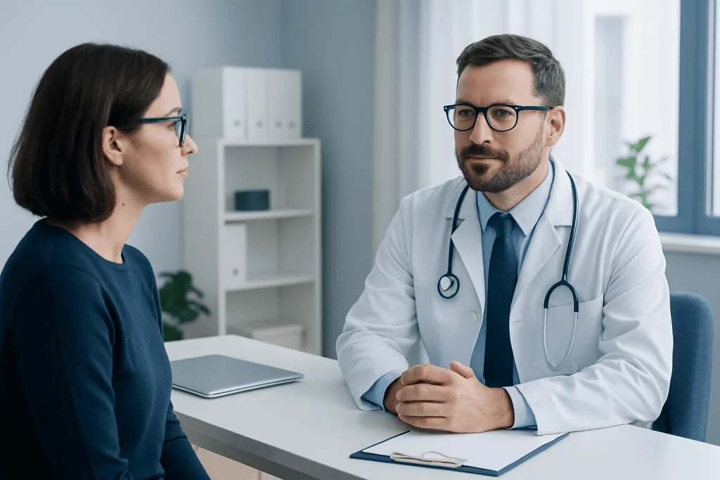 Doctor consulting with a female patient in a modern clinic setting.