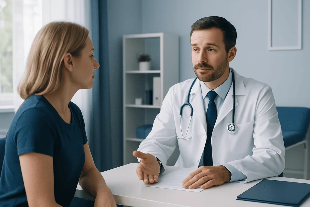 Doctor consulting with a female patient in a medical office.