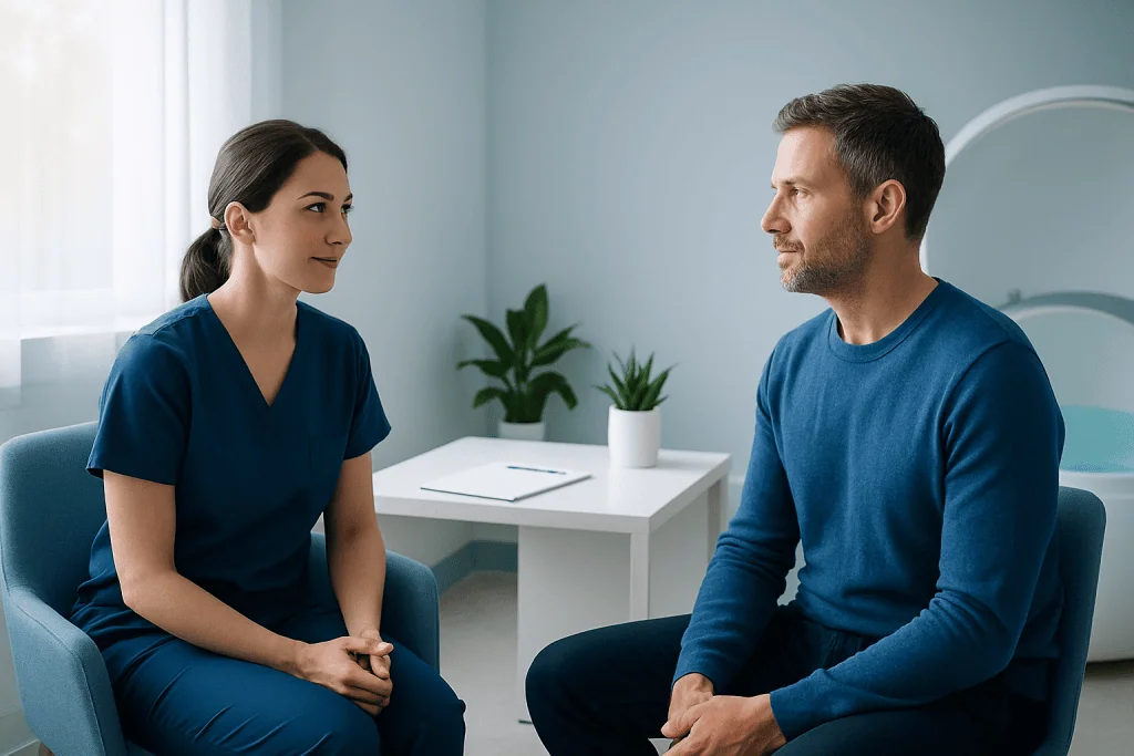 Doctor consulting with patient in a medical office setting.