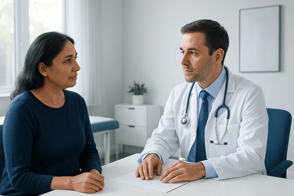 Doctor consulting with a female patient in a medical office setting.