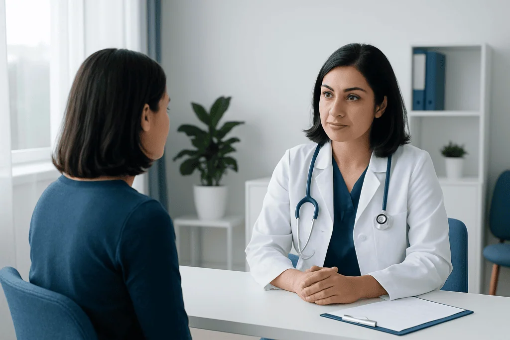 Doctor consulting with a patient in a medical office setting.