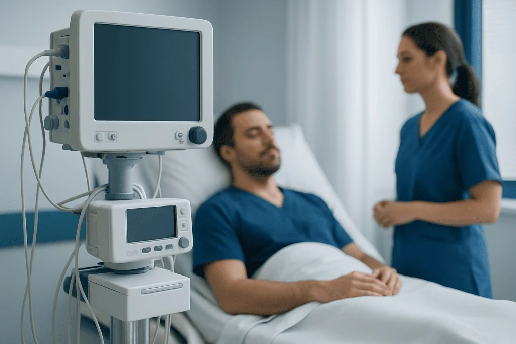 Hospital patient in bed with medical monitor and nurse nearby.
