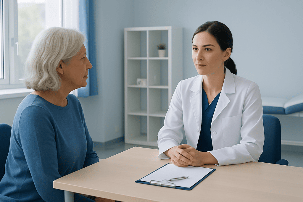 Doctor consulting with elderly patient in a medical office.