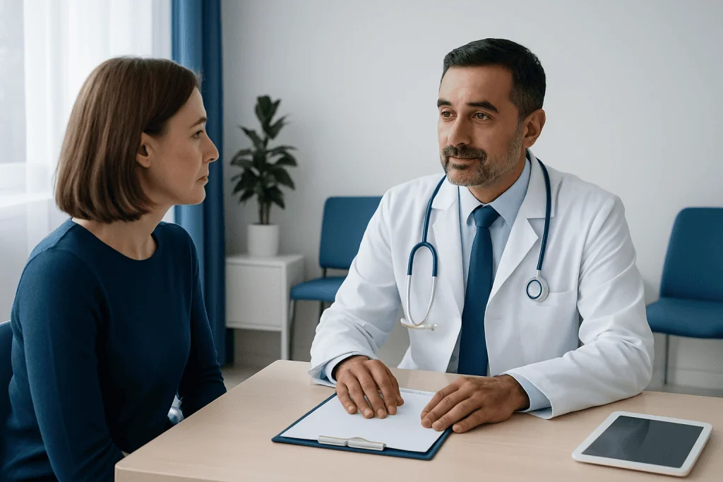 Doctor consulting with a female patient in a medical office setting.