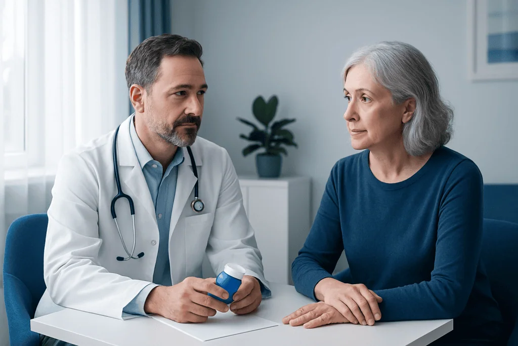 Doctor consulting with an elderly female patient in a medical office.