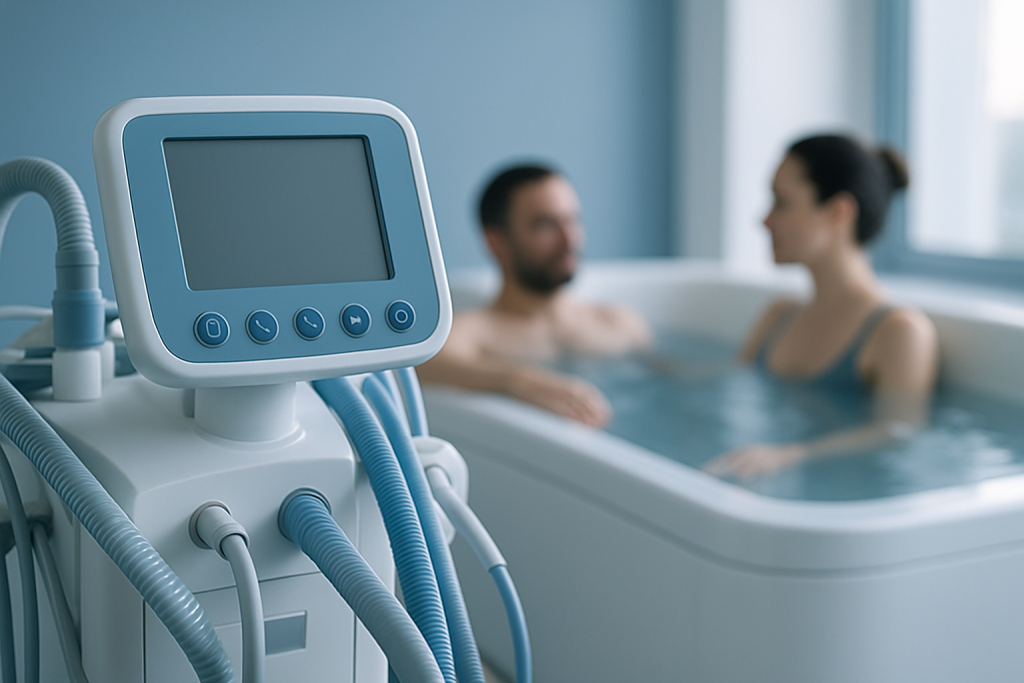 Medical device in a spa setting with two people relaxing in a hot tub.