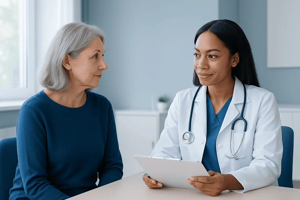 Doctor consulting with an elderly female patient in a medical office.