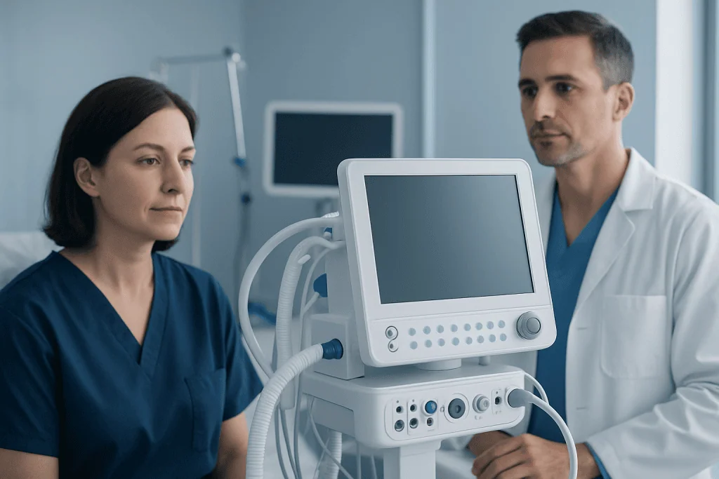 Medical professionals using ventilator in hospital setting.