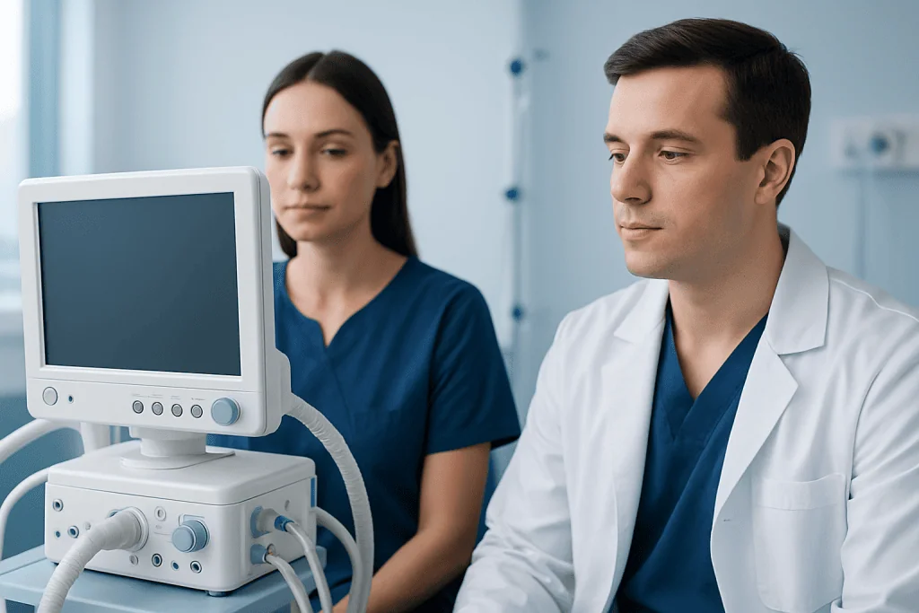 Medical professionals using ultrasound equipment in a hospital setting.