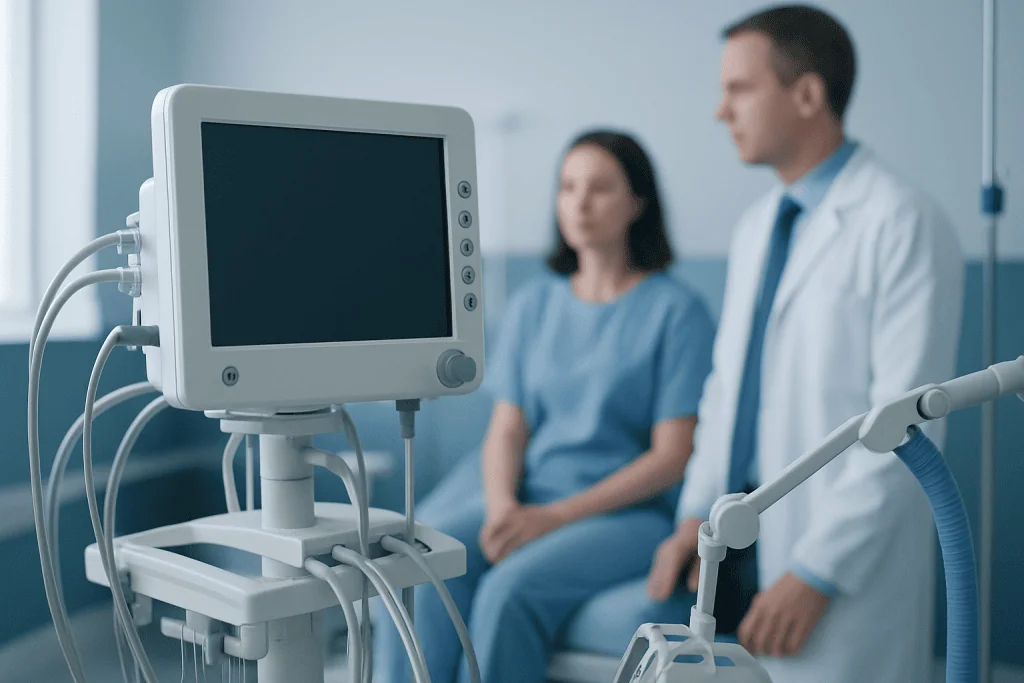 Medical professionals and patient in a hospital room with monitoring equipment.