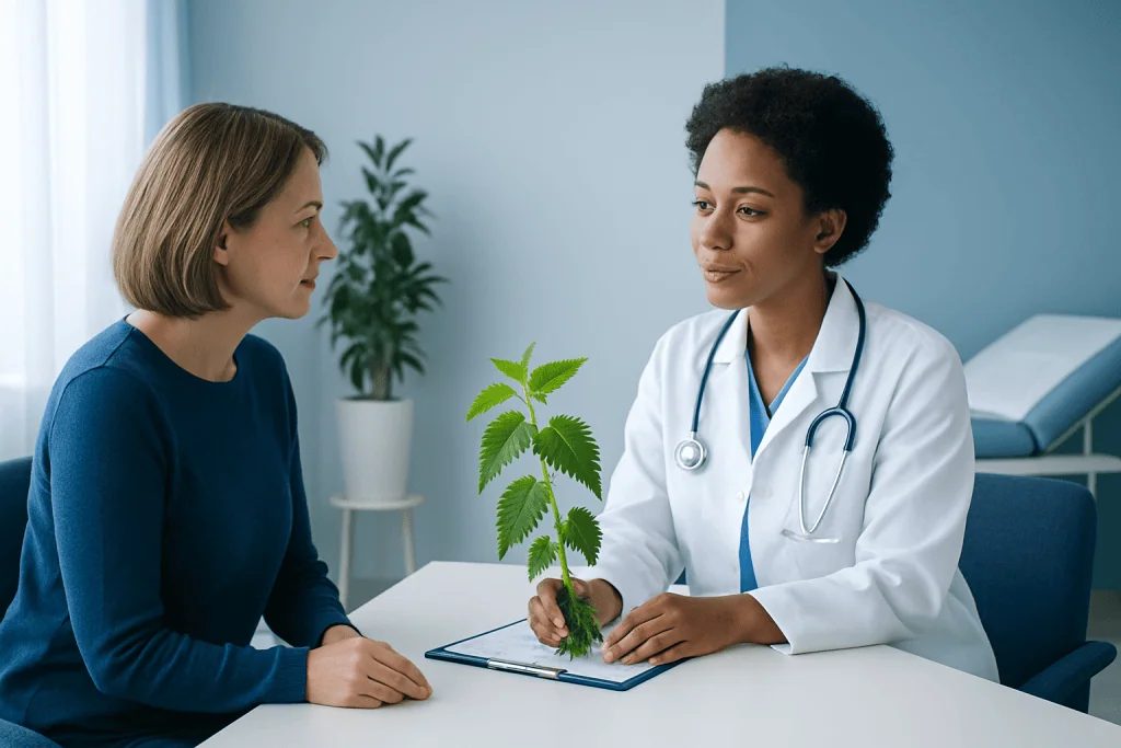 Doctor explaining benefits of stinging nettle to patient in clinic setting.