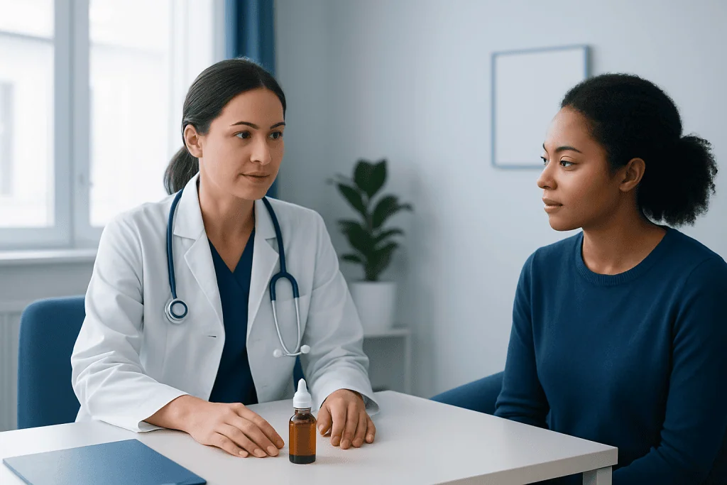 Doctor consulting with a patient in a modern medical office.